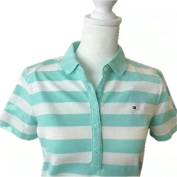 Tommy Hilfiger Aqua Stripe Polo Shirt Too Small Petite NWT - Picture 4 of 6